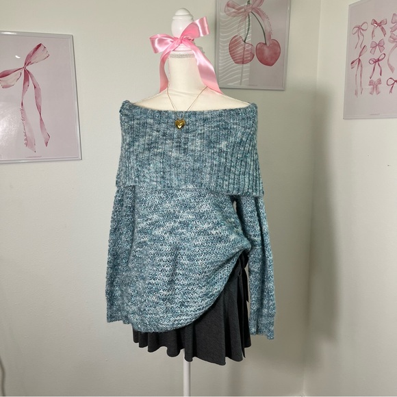 Y2K Chicos Blue Knit Heathered Sequin Off The Shoulder Sweater Womens 2/Large - Picture 1 of 7